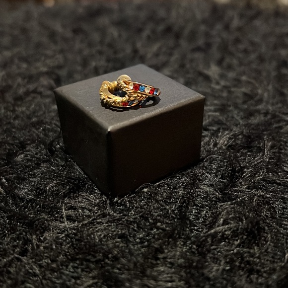 Gold earrings with red, white & blue stones. 1/2 inch circumference. - Picture 4 of 5